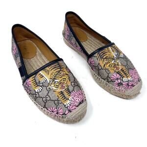 GUCCI Supreme Monogram Bengal Tiger Espadrilles Flats Beige Pink Flowers EU 37.5